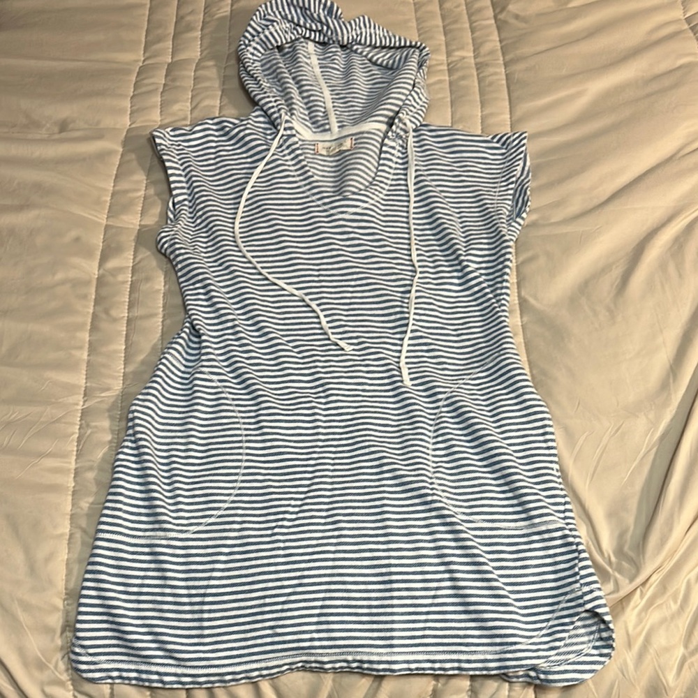 Max Studio Blue White Striped Hooded Sleeveless Dress Cover Up Large